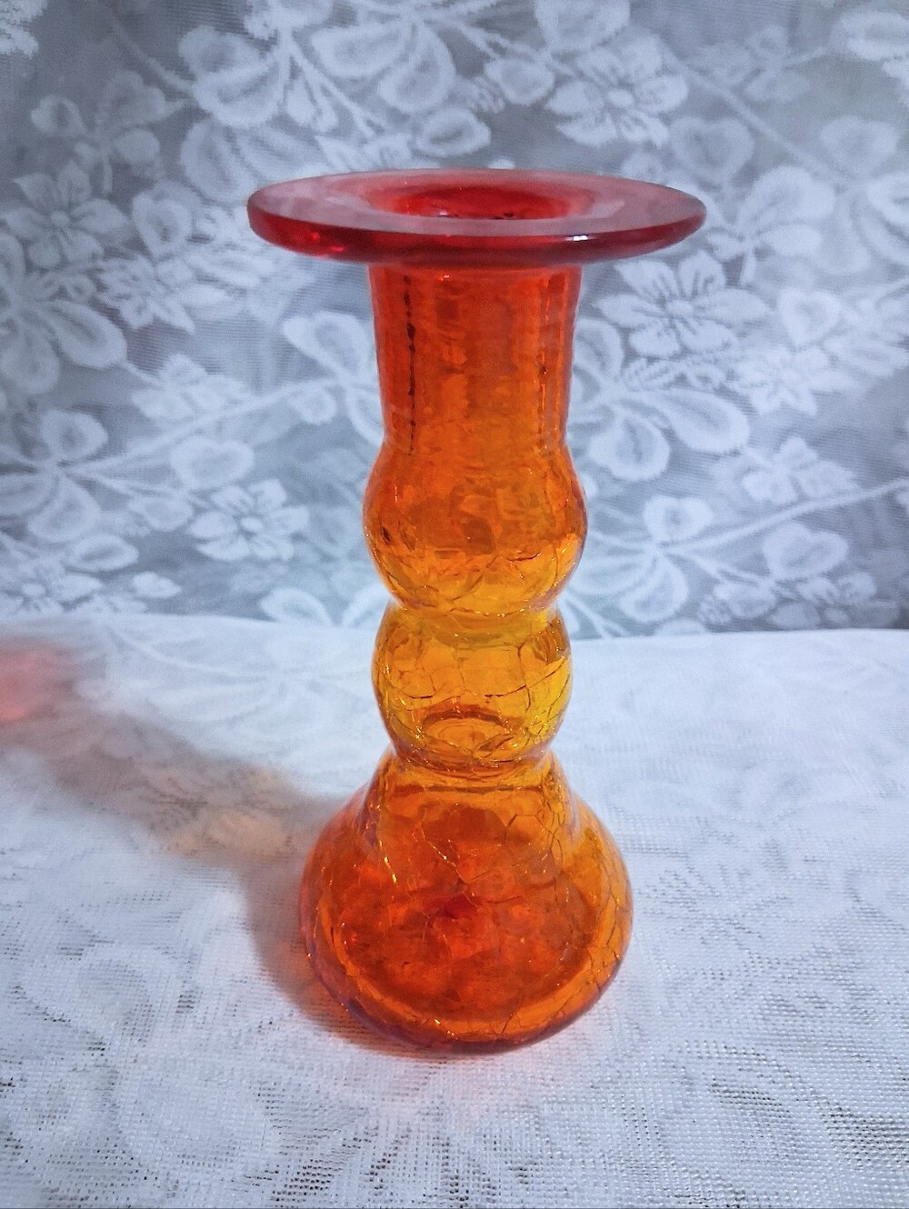 Vintage MCM Tangerine Crackle Glass Candlestick Amberina UV Reactive Rim